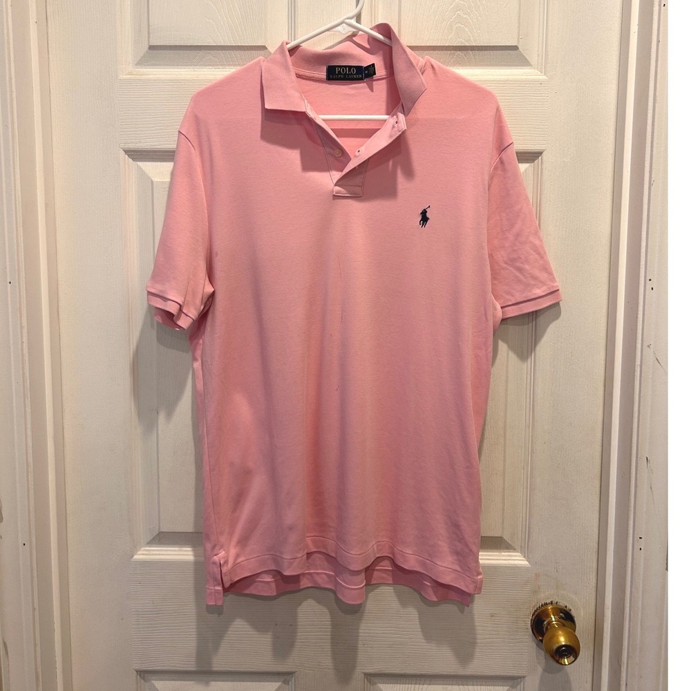 Polo Ralph Lauren Mens Short Sleeve Pique Polo Shirt Pink Medium Navy Pony Logo